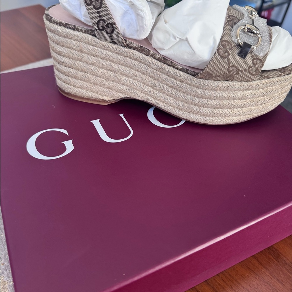 Gucci Tan Monogram Wedge Sandals